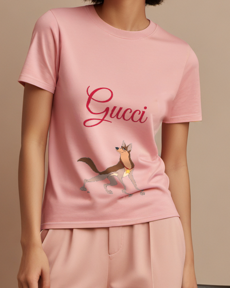 Blush Pink Cartoon Dog In Alert Stance Graphic T-Shirt - model wearing view