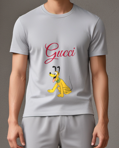 Light Gray Yellow Dog With Green Collar Graphic T-Shirt - model wearing view