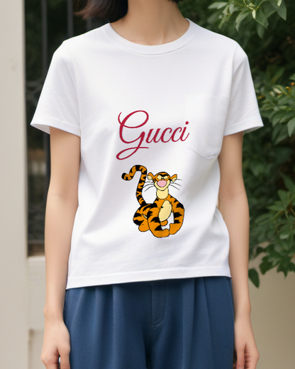 White Seated Tiger Curled Tail Graphic T-Shirt - model wearing view