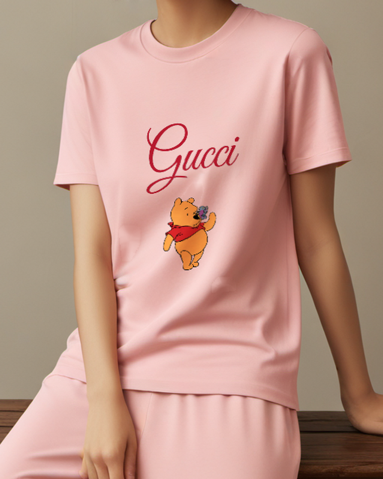 Blush Pink Winnie The Pooh With Butterfly On Nose Graphic T-Shirt - model wearing view