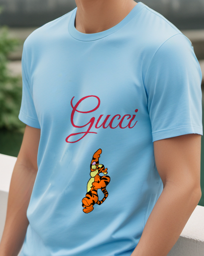 Sky Blue Tigger Jumping Vertically Graphic T-Shirt - model wearing view