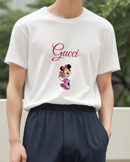 White Minnie Mouse Holding Teddy Bear Graphic T-Shirt - model wearing view