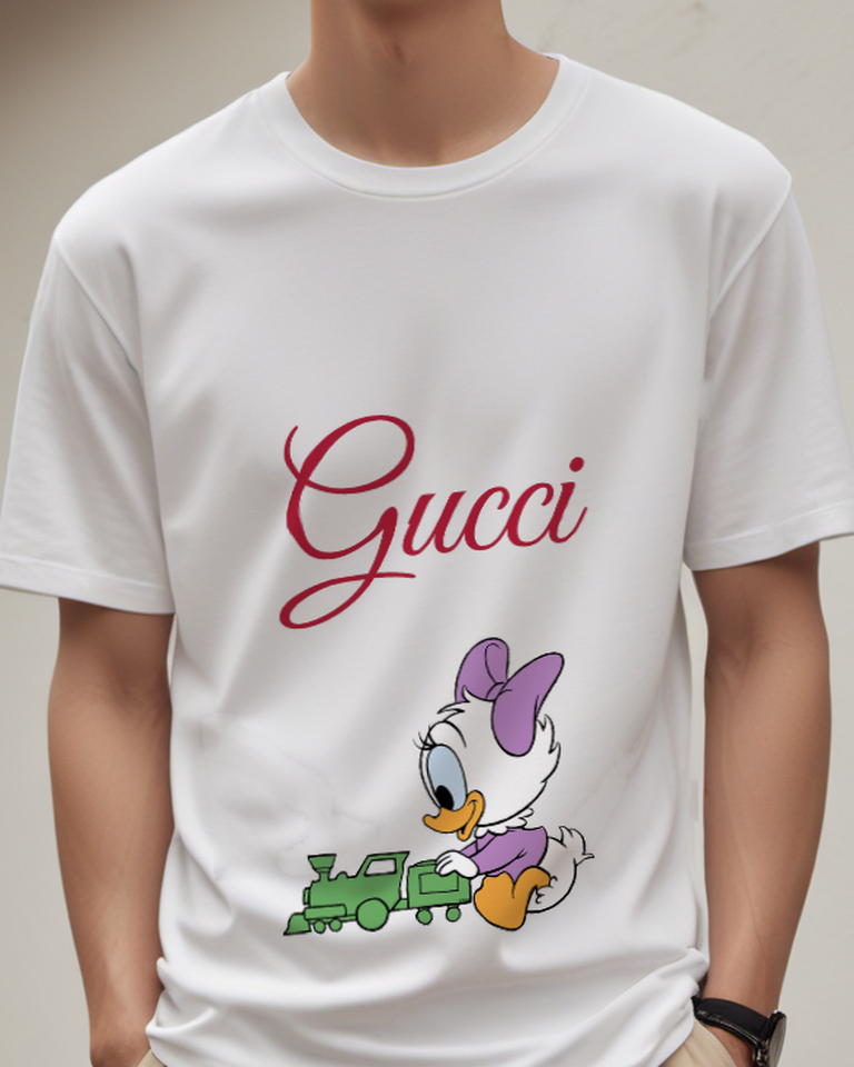 Light Gray Duck With Green Toy Train Graphic T-Shirt - model wearing view