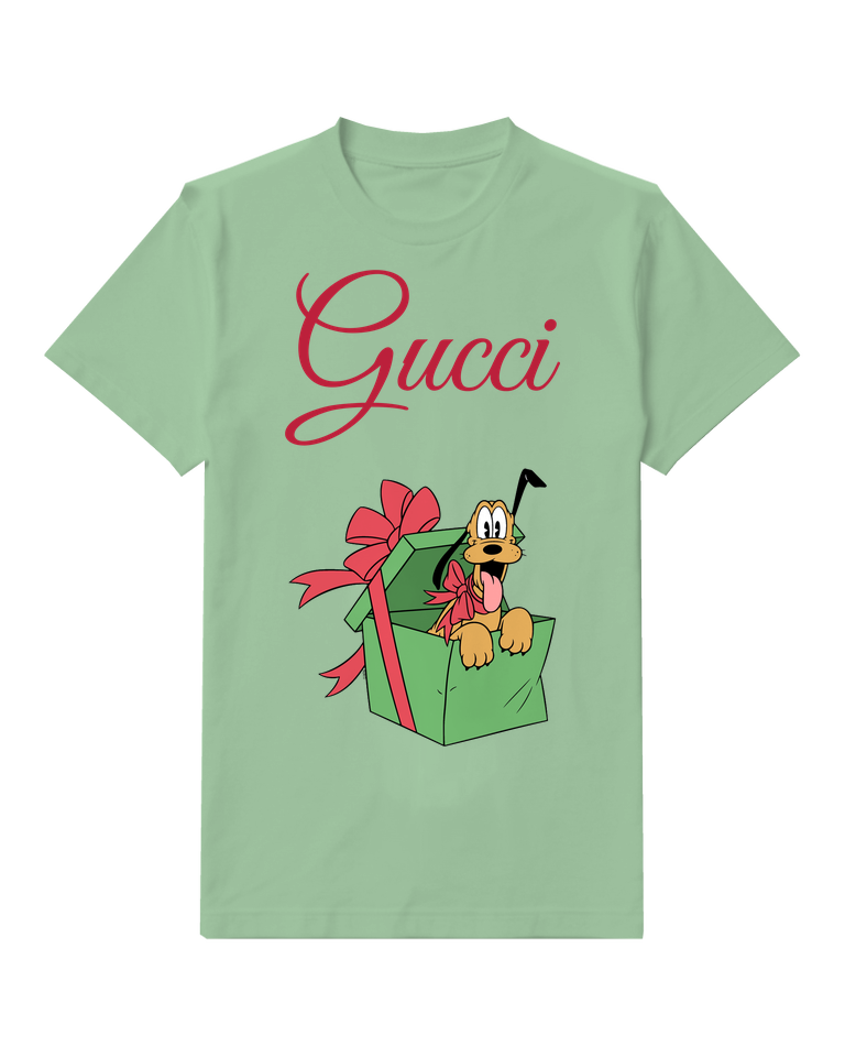 Sage Green Pluto Peeking From Gift Box Graphic T-Shirt - front product view