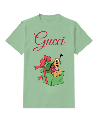 Sage Green Pluto Peeking From Gift Box Graphic T-Shirt - front product view