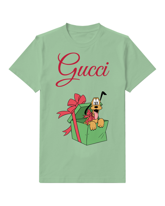 Sage Green Pluto Peeking From Gift Box Graphic T-Shirt - front product view
