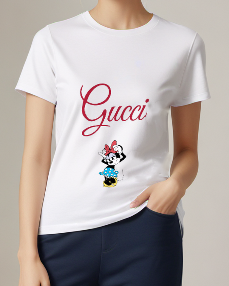 White Minnie Mouse Playful Pose Red Bow Graphic T-Shirt - model wearing view