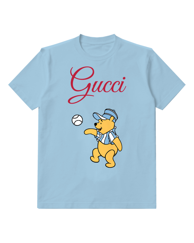 Sky Blue Winnie The Pooh Throwing Baseball Graphic T-Shirt - front product view