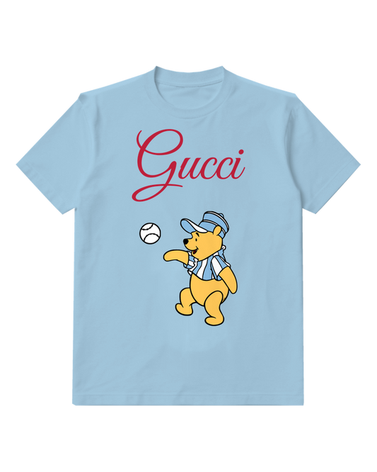 Sky Blue Winnie The Pooh Throwing Baseball Graphic T-Shirt - front product view