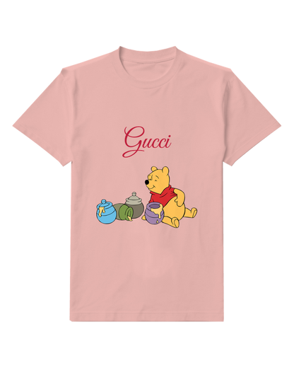 Blush Pink Winnie The Pooh Holding Honey Pot Crew Neck Graphic T-Shirt - front product view