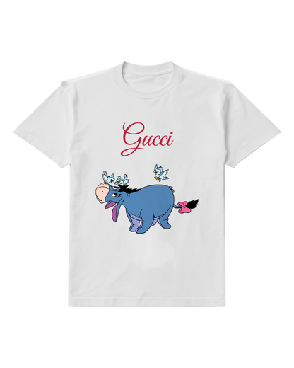 White Donkey Blue Butterflies Graphic T-Shirt - front product view