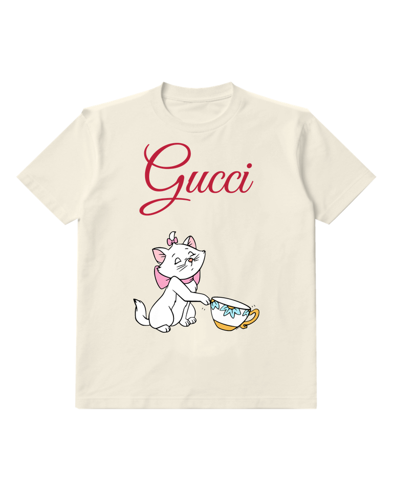 Ivory White Cat With Pink Bow Holds Teacup Graphic T-Shirt - front product view