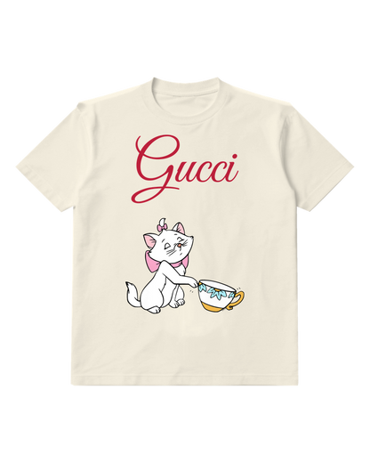 Ivory White Cat With Pink Bow Holds Teacup Graphic T-Shirt - front product view