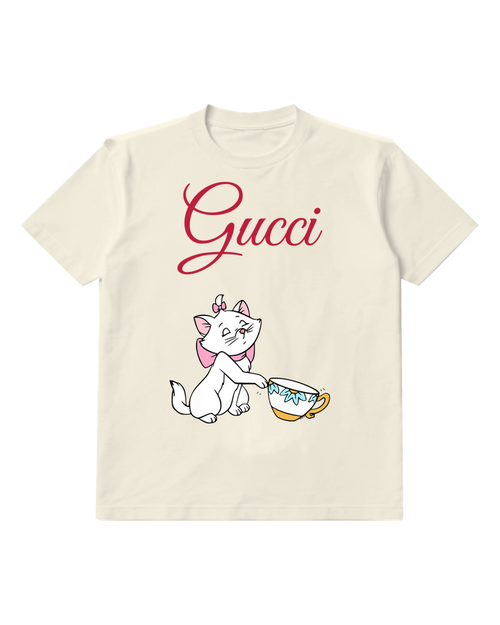 Ivory White Cat With Pink Bow Holds Teacup Graphic T-Shirt - front product view