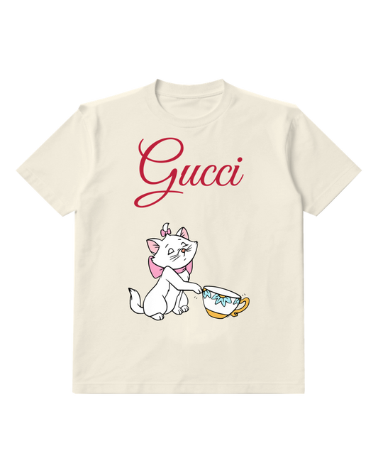 Ivory White Cat With Pink Bow Holds Teacup Graphic T-Shirt - front product view