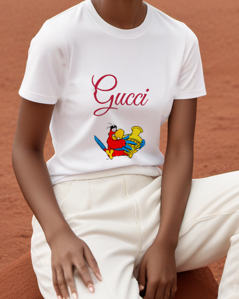 White Red Parrot Holds Golden Urn Graphic T-Shirt - model wearing view