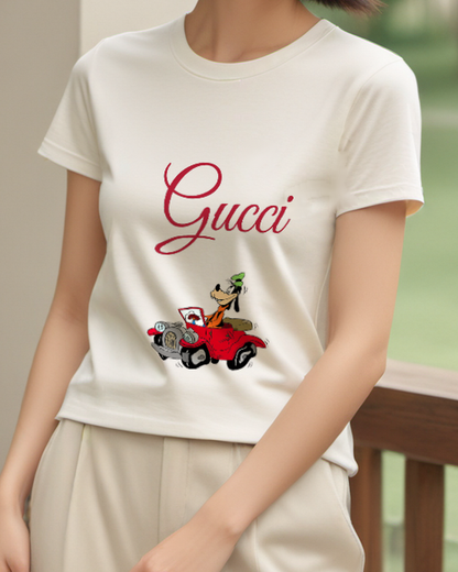 Ivory Dog Driving Red Convertible Graphic T-Shirt - model wearing view