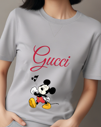 Light Gray Mickey Mouse Whistling Joyfully Graphic T-Shirt - model wearing view