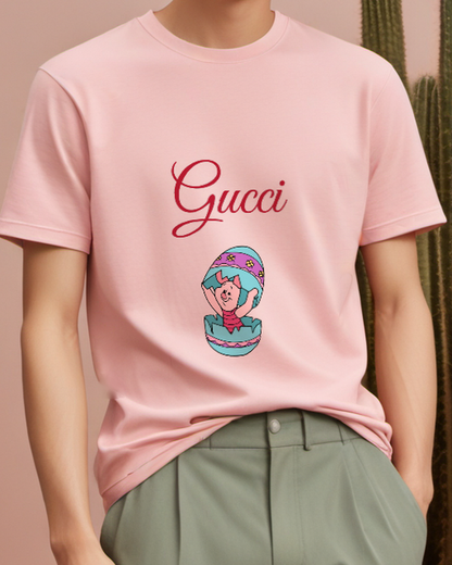 Blush Pink Piglet Emerging From Easter Egg Graphic T-Shirt - model wearing view