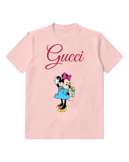 Blush Pink Minnie Mouse Waving With Flower Graphic T-Shirt - front product view