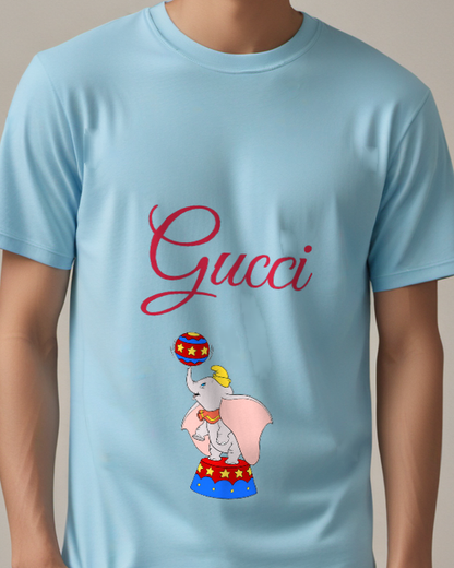 Sky Blue Pink Caped Elephant Ball Graphic T-Shirt - model wearing view