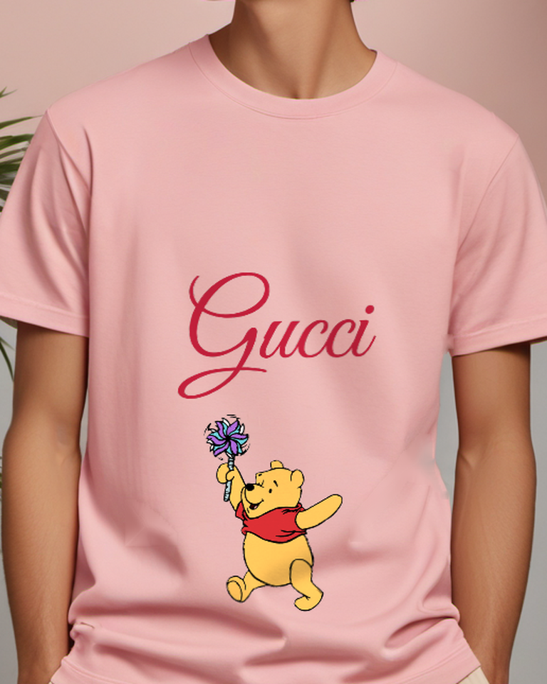 Blush Pink Winnie The Pooh Dancing With Pinwheel Graphic T-Shirt - model wearing view