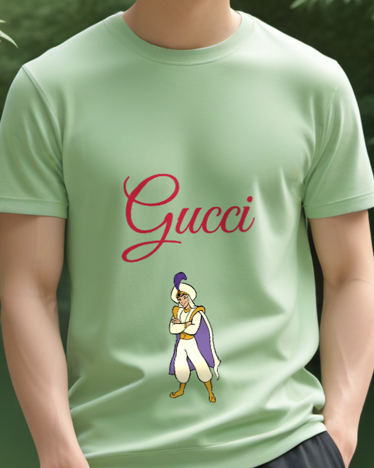 Sage Green Aladdin In Confident Stance Graphic T-Shirt - model wearing view