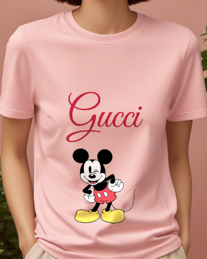 Blush Pink Mickey Mouse Winks Cheerfully Graphic T-Shirt - model wearing view