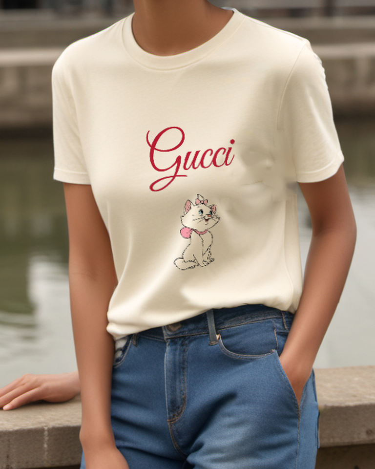 Ivory White Cat With Pink Bow Graphic T-Shirt - model wearing view