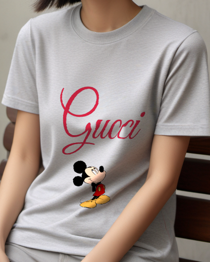 Light Gray Mouse Crew Neck Graphic T-Shirt - model wearing view