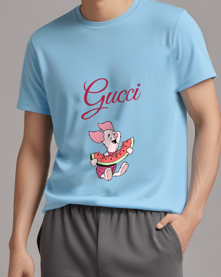 Sky Blue Piglet Sits Holding Watermelon Slice Graphic T-Shirt - model wearing view
