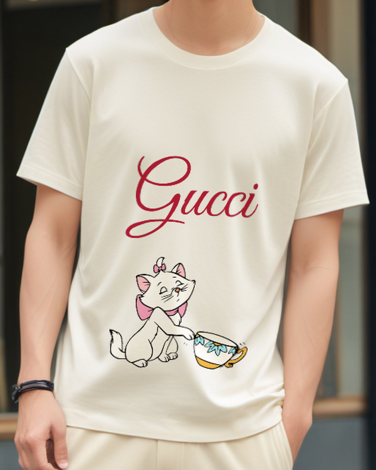 Ivory White Cat With Pink Bow Holds Teacup Graphic T-Shirt - model wearing view