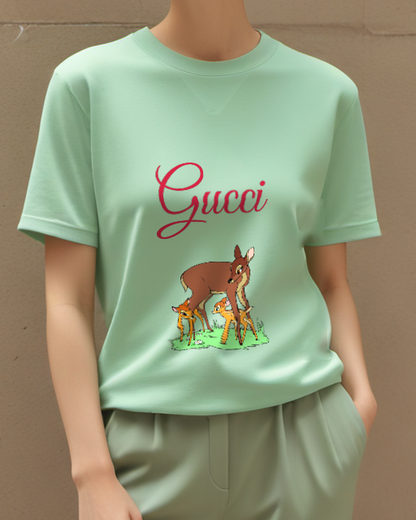 Sage Green Mother Deer With Fawns Standing Together Graphic T-Shirt - model wearing view