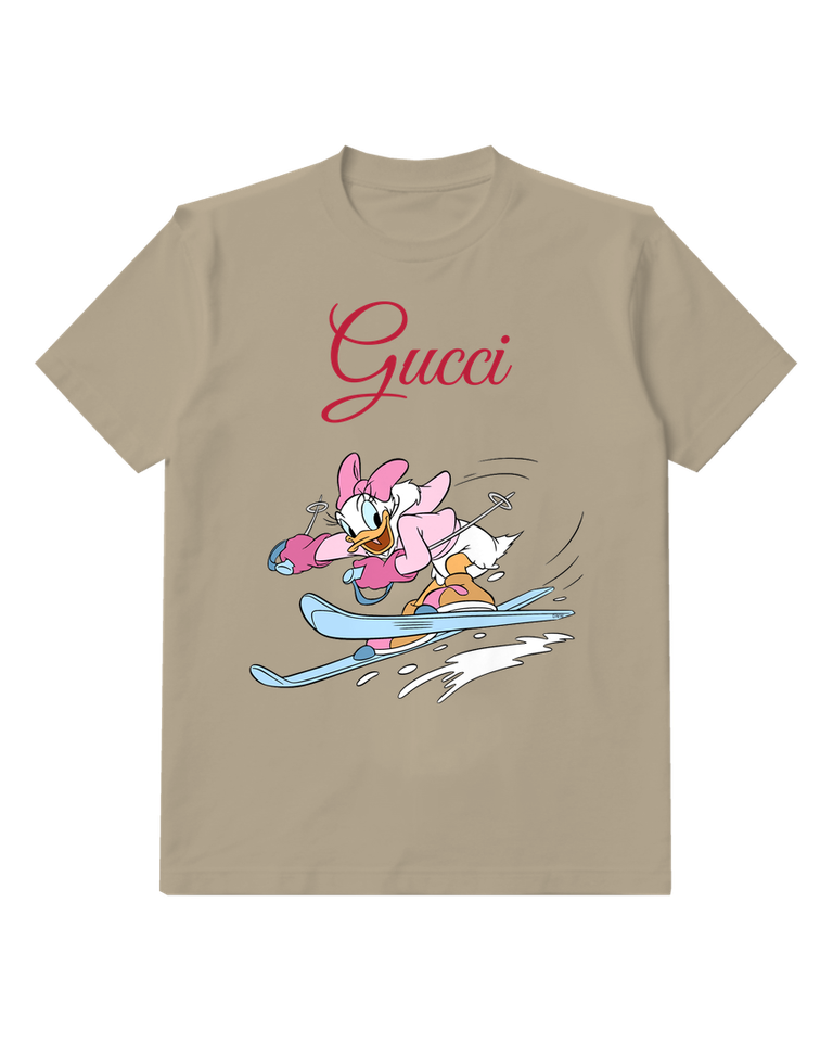 Tan Daisy Duck Skiing Downhill Graphic T-Shirt - front product view