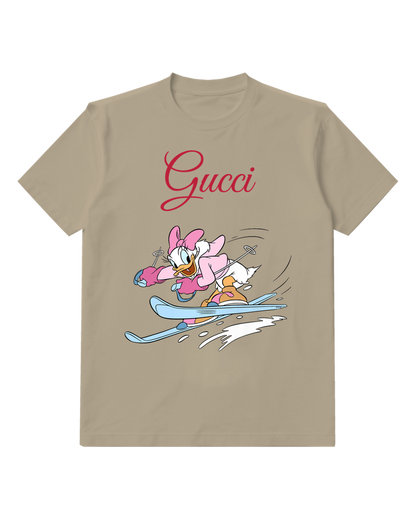 Tan Daisy Duck Skiing Downhill Graphic T-Shirt - front product view
