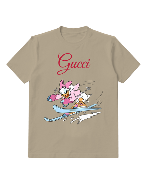 Tan Daisy Duck Skiing Downhill Graphic T-Shirt - front product view