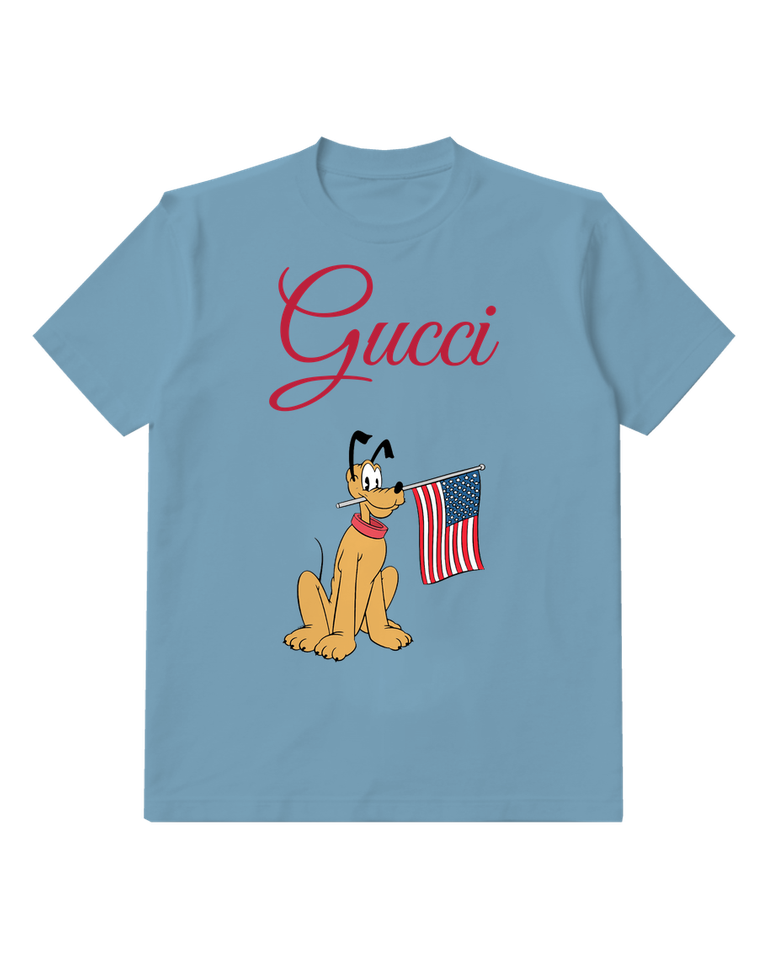 Dusty Blue Pluto Sits Holding American Flag Graphic T-Shirt - front product view