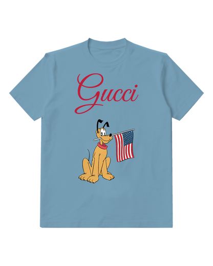 Dusty Blue Pluto Sits Holding American Flag Graphic T-Shirt - front product view