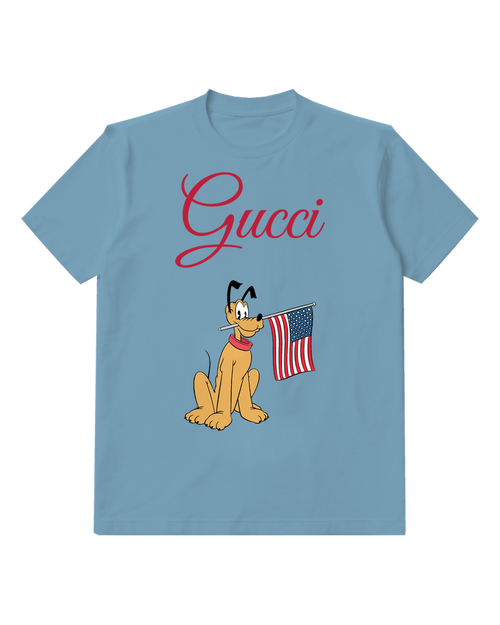 Dusty Blue Pluto Sits Holding American Flag Graphic T-Shirt - front product view
