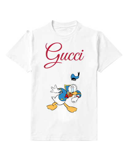 White Donald Duck Running Hat Flying Off Graphic T-Shirt - front product view