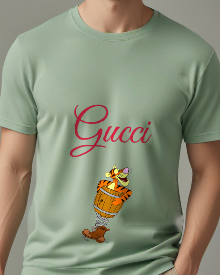 Sage Green Tigger In Barrel Spring Boot Graphic T-Shirt - model wearing view