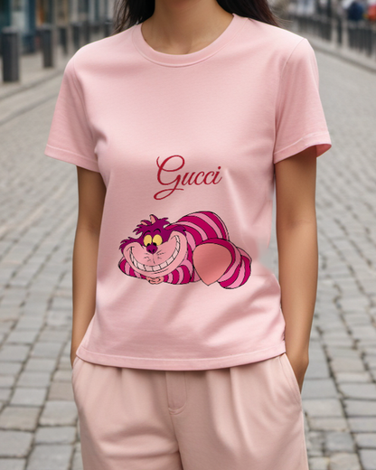 Dusty Pink Striped Grinning Cat Graphic T-Shirt - styled view 2