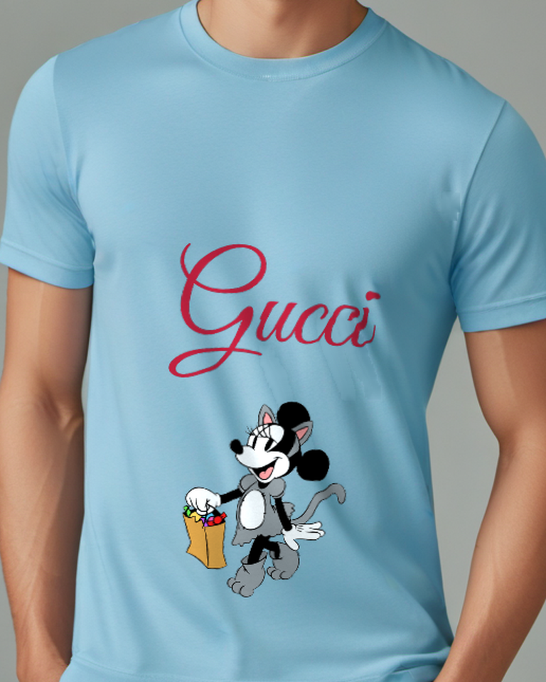 Sky Blue Mouse Holding Shopping Bag Graphic T-Shirt - model wearing view