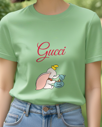 Sage Green Elephant And Blue Bag Graphic T-Shirt - model wearing view