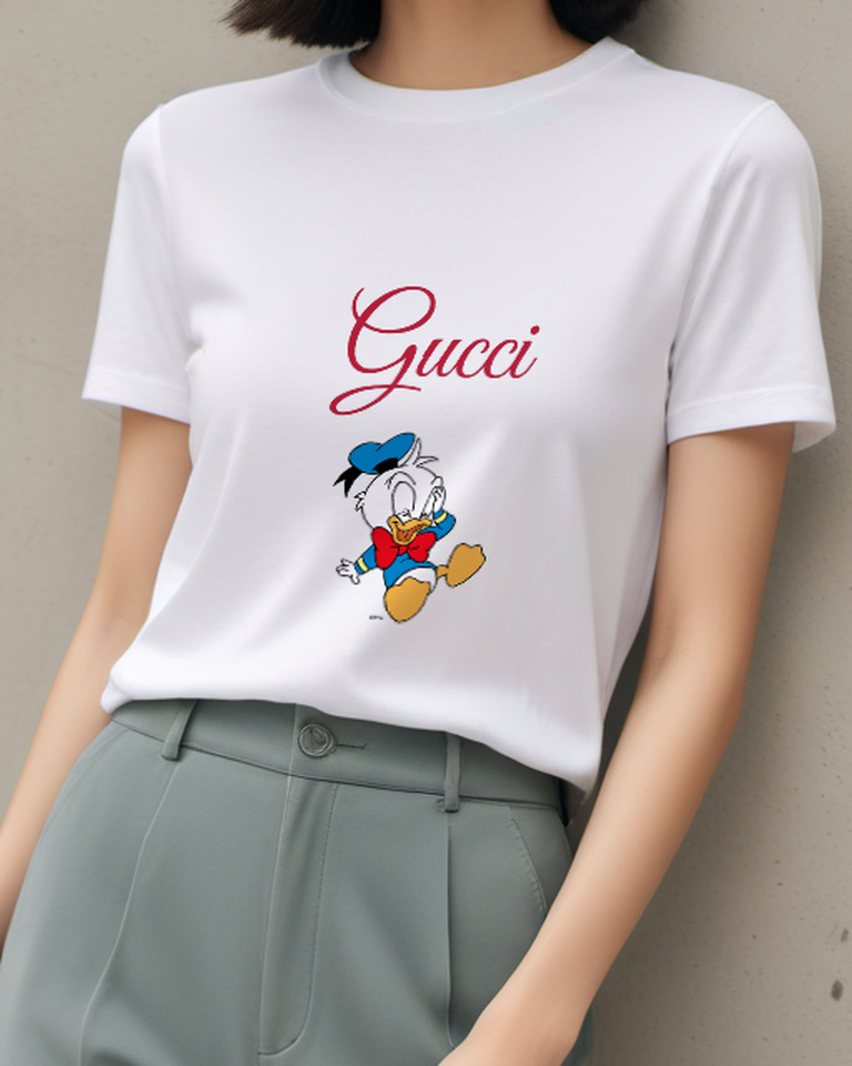 White Donald Duck Jumping Joyfully Graphic T-Shirt - model wearing view