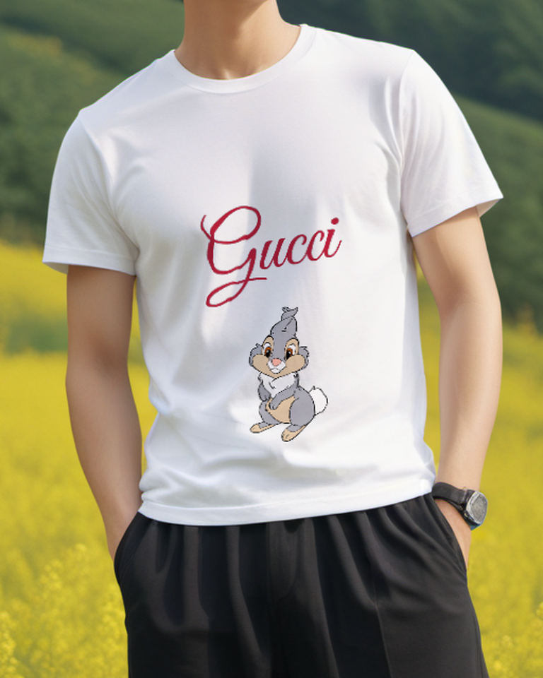 White Small Seated Rabbit Graphic T-Shirt - model wearing view