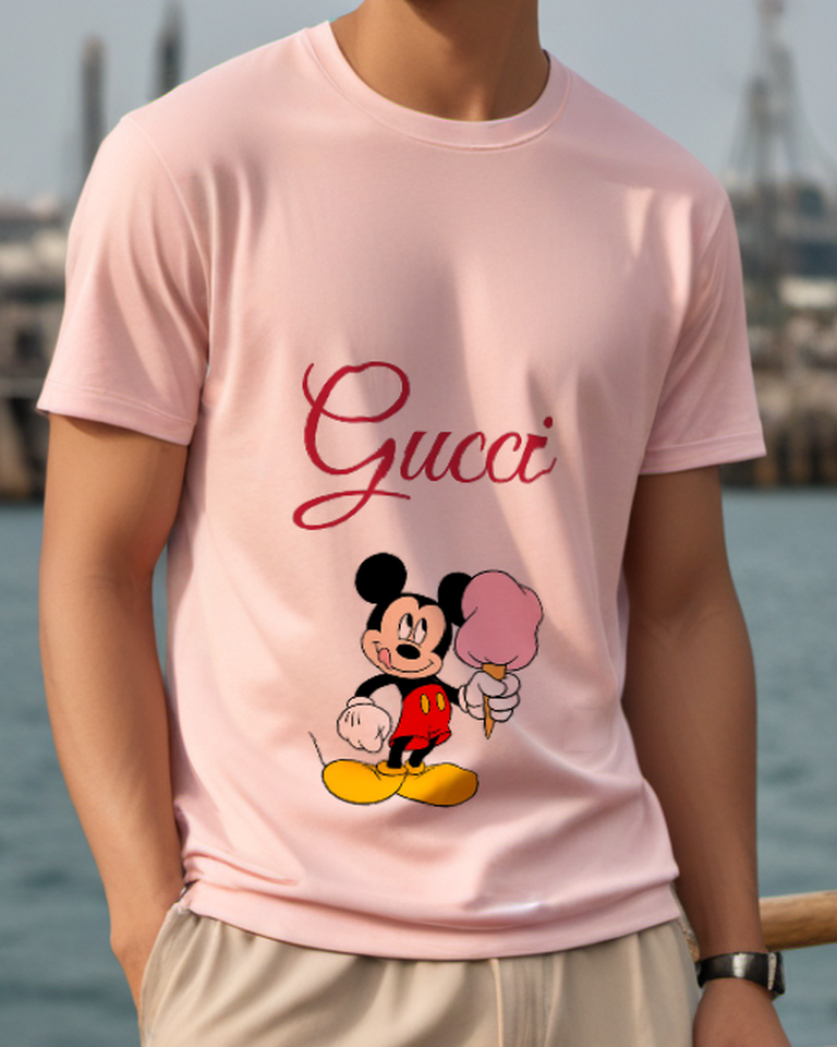 Blush Pink Mickey Mouse Holds Pink Ice Cream Graphic T-Shirt - model wearing view