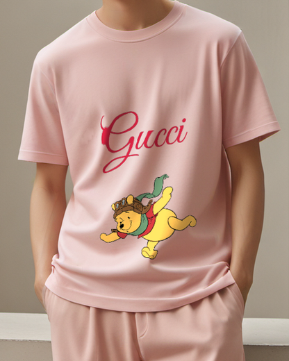 Blush Pink Winnie The Pooh Flying In Aviator Gear Graphic T-Shirt - model wearing view