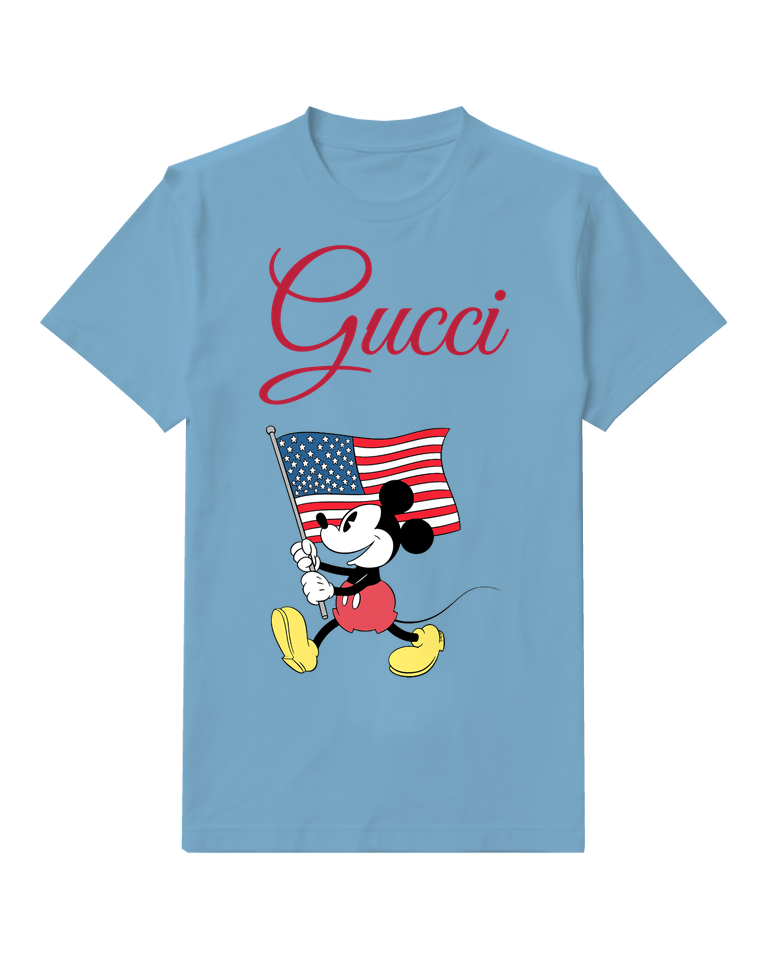 Dusty Blue Mickey Mouse Holding American Flag Graphic T-Shirt - front product view