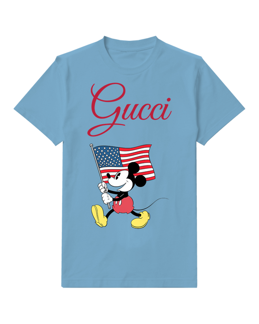 Dusty Blue Mickey Mouse Holding American Flag Graphic T-Shirt - front product view